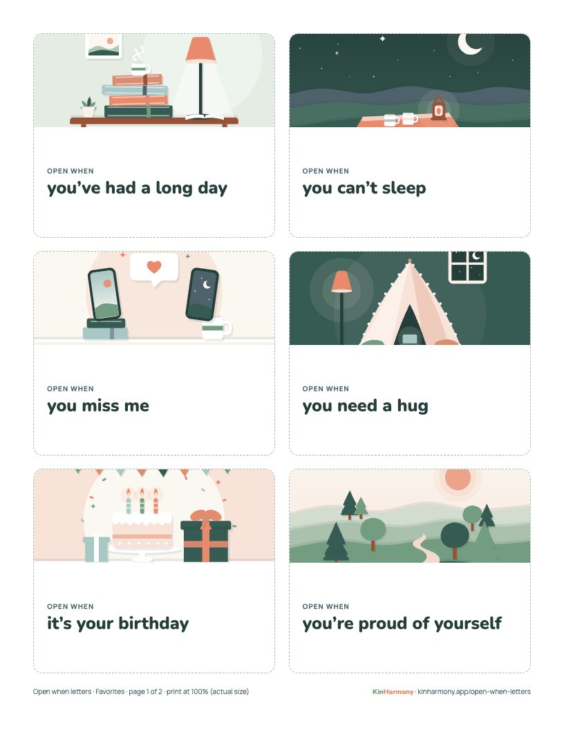 A page of six illustrated open when labels, including open when you’ve had a long day and open when you can’t sleep