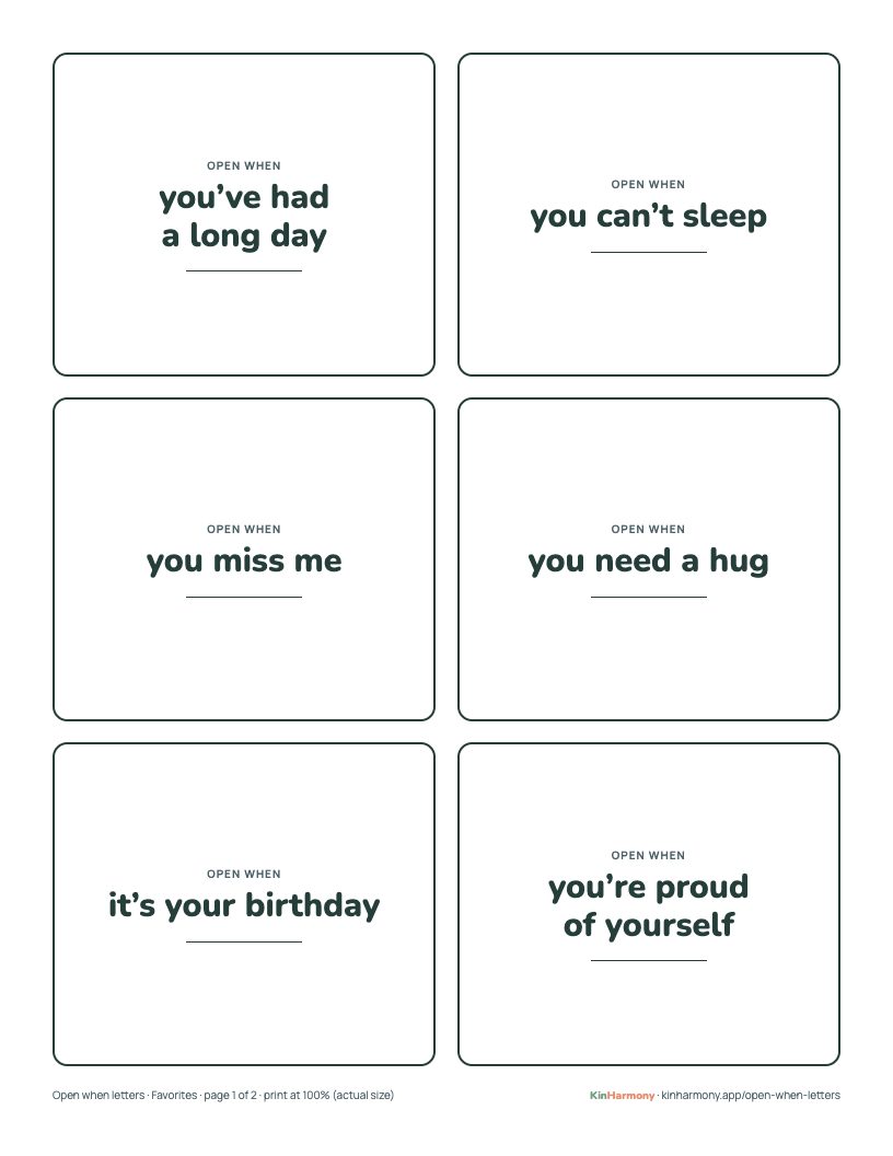 A page of six simple open when labels with a line under each