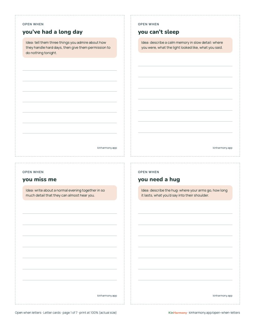 A page of four open when letter cards, each with a writing idea and lines to write on